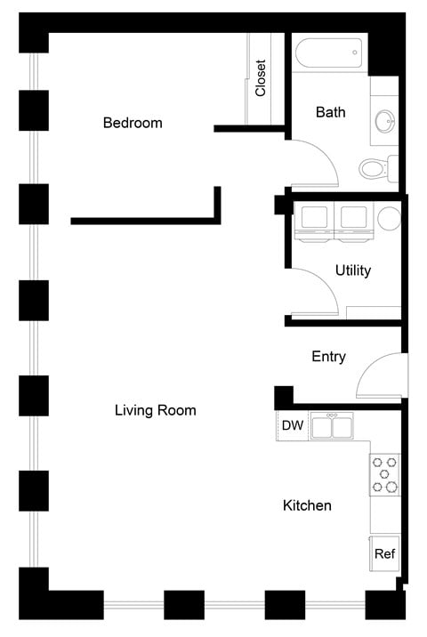 Floor plan for 1 bed, 1 bath, 900 sqft